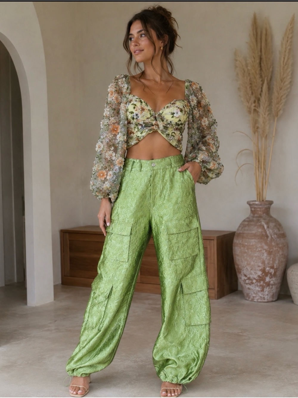 AKIRA Light Green Satin Cargo Joggers L and Sparkle Top M
